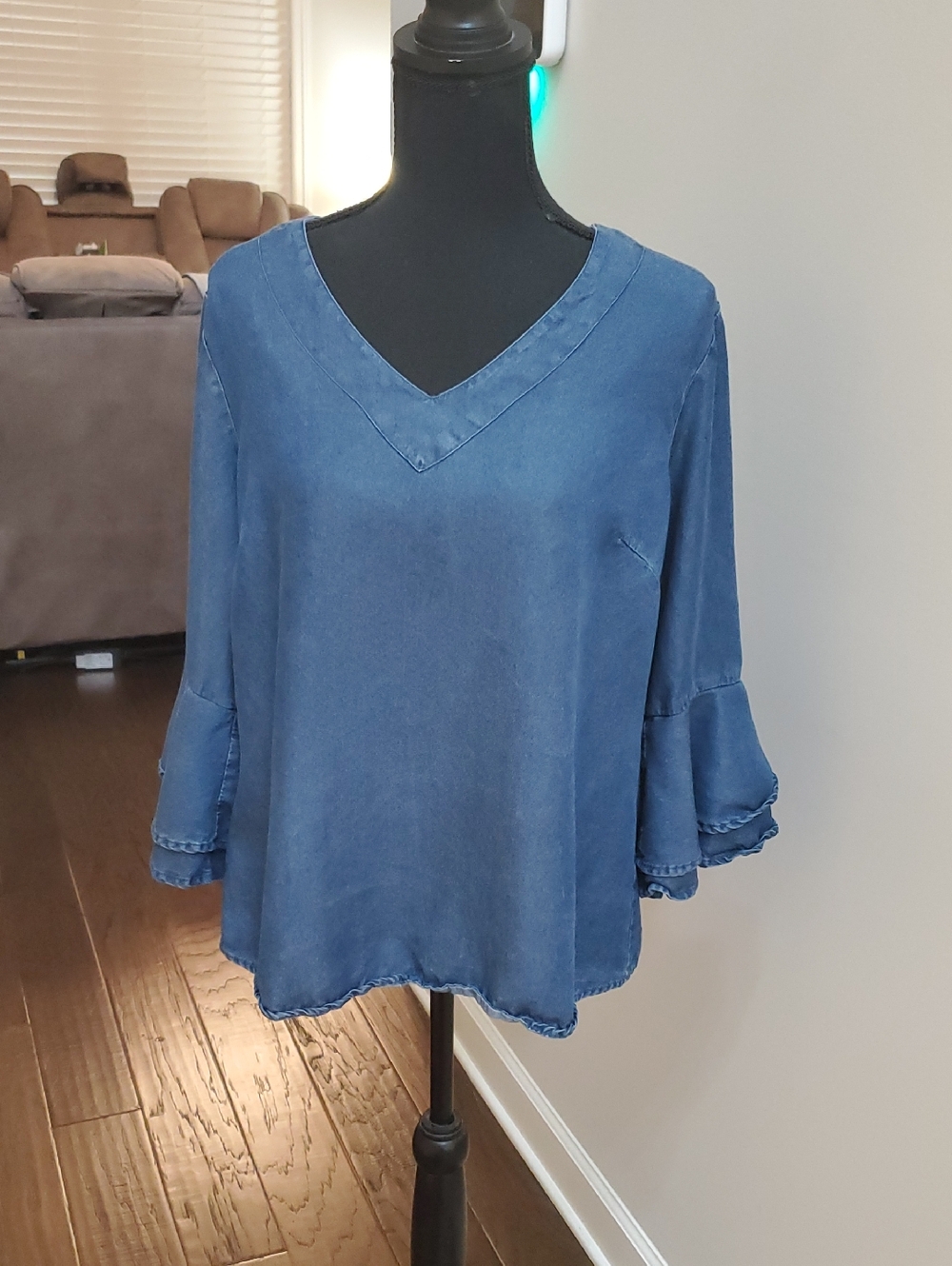 Washed Blue V-Neck Ruffle Sleeve Blouse